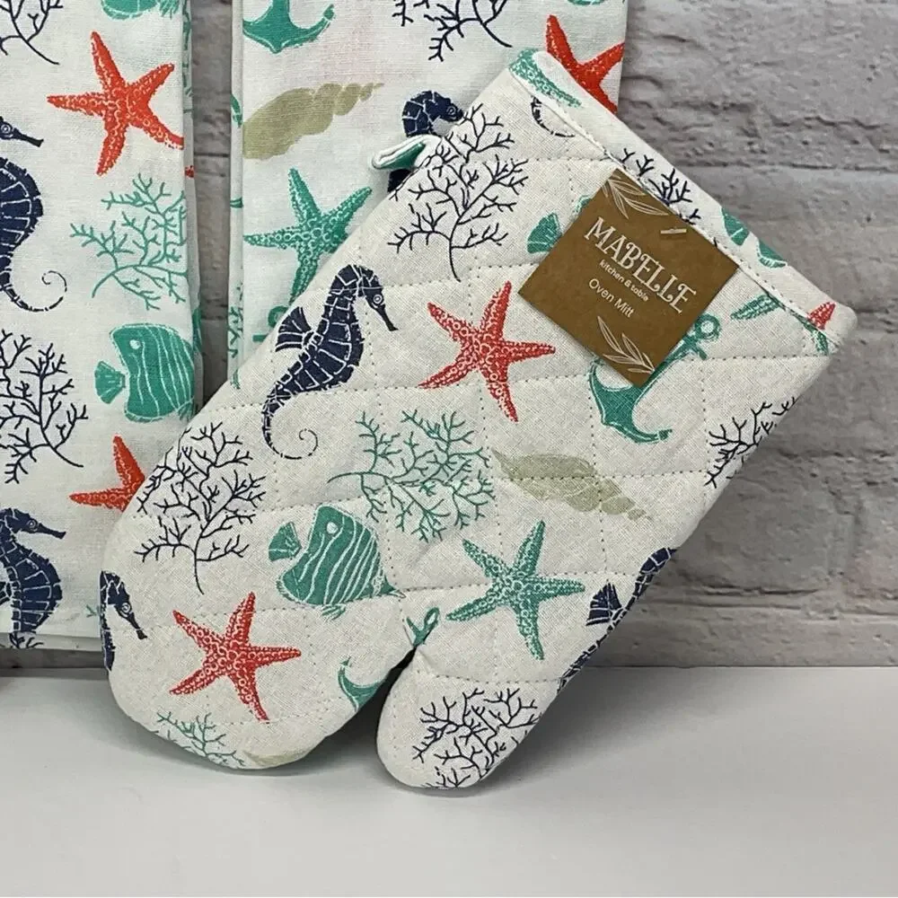 Nautical Beach Theme 4 Piece Kitchen Set 2 Dish Towels 1 Pot Holder 1 Oven Mitt